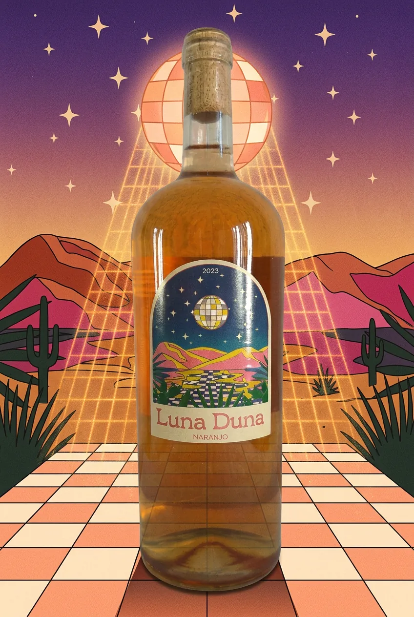 Luna Duna Naranjo bottle in illustrated scene