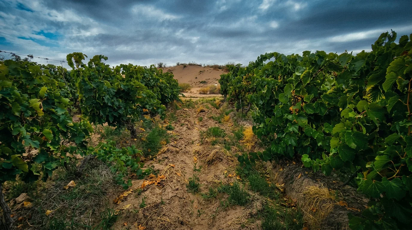 A row of Criolla vines leading toward a sand dune in Alto Verde, Mendoza